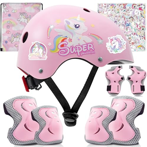 Kqpoinw Adjustable Kids Bike Helmet Set with Knee, Elbow and Wrist Pads, Toddler Helmet for Ages 3-5-8-14 Boys Girls, Protective Gear Set for Ages 3-14 Kids & Youth, for Bikes Skateboards Rollerskates