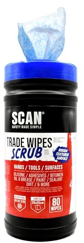 Scan Heavy Duty Scrub Wipes, Dual Sided Action - Scrub & Smooth for Tough & Gentle Wiping Tasks, Added Aloe Vera, BS EN 1276, 20cm x 20cm, Tub of 80