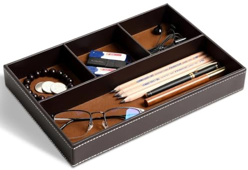 Euakee Ablage Tablett, Leder Ablage Aufbewahrungsbox, Nachttisch Ablageschale, Taschenleerer Organizer, Schlüsselschale für Uhren, Handy, Schmuck, Schlüssel, Münzen und Büroausstattung (Braun)