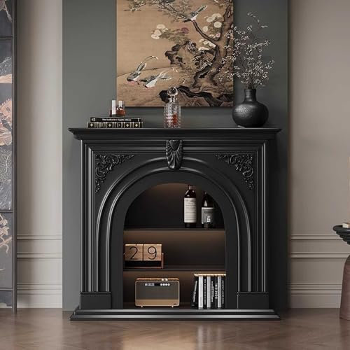 Freestanding Mantel Stand, Modern Media Fireplace Cabinet for Living Room Bedroom, Wooden Mantel Console Table with Storage Shelves
