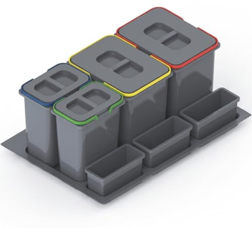 REJS Sistema per Raccolta Differenziata Cucina per Mobile da 80 cm a 4 Scomparti 72,5x49x30 cm (2x 15L + 2x 7L) con Coperchio Raccoglitore da Incasso