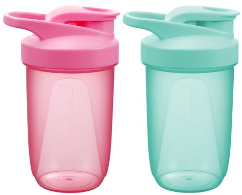Protein Shaker, 2 Stück 400ml Proteinshaker Flasche, Fitness Shaker mit 2 Mixball Edelstahl, BPA-frei und Auslaufsicher Proteinshaker mit Messskala für Proteinpulver,Proteinshake (Grün+Rosa)