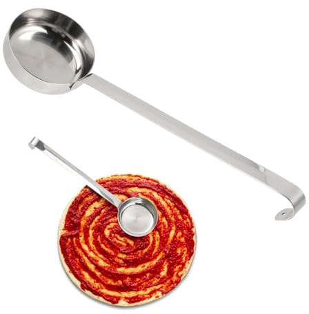COLLBATH Cucchiaio per salse per pizza in acciaio inox, con manico lungo, fondo piatto, mestolo per salse calde e zuppe, robusto utensile da cucina per famiglia e gastronomia, versatile