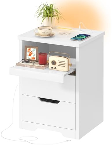 TEENFON Mesitas de Noche con Luces LED 3 Colores y Carga Rápida USB/Type-C – Mesilla de Noche Moderna con Bandeja Deslizante y 2 Cajones, Ideal para Dormitorio y Salón, Blanco