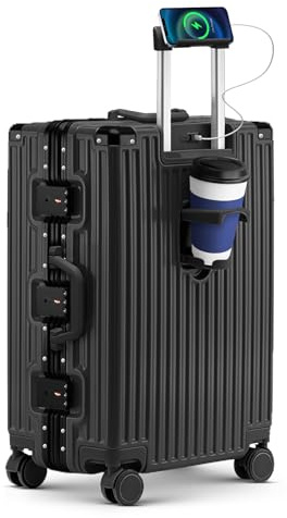 Faqy Z Trunk Luggage, Hardside Large Checked Suitcase, Black, 28 in