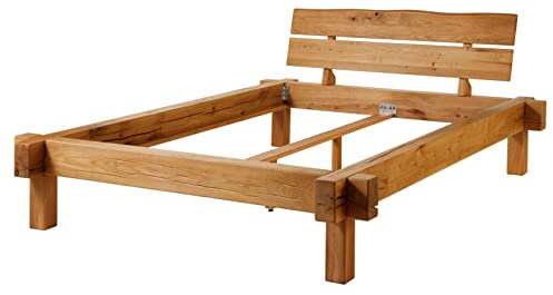 MASSIVMOEBEL24.DE Balkenbett JANGALI, Bett 140x200x85 aus Wildeiche massiv in Natur geölt, Bettgestell mit Balken aus Massivholz