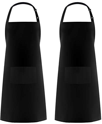 Syntus 2 Pack 100% Cotton Adjustable Bib Apron with 2 Pockets Cooking Kitchen Aprons for Women Men Chef, Black