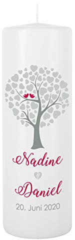 Herz & Heim® Moderne Hochzeitskerze mit Gratis Aufdruck der Namen und Datum 250/80mm Brenndauer ca. 120 h Herzen Lebensbaum