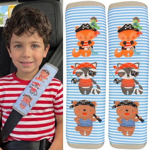 HECKBO 2x protection pour ceinture de sécurité avec animaux pirates - ceintures de sécurité épaulière protection ceinture sièges auto coussin de ceinture pour enfants garçons filles - 21cm x 6cm