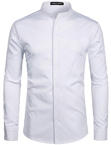 PARKLEES Chemise à manches longues pour homme - Couleur unie - Coupe ajustée - Facile à repasser - Col montant - Pour affaires - Loisirs, Blanc pur., M