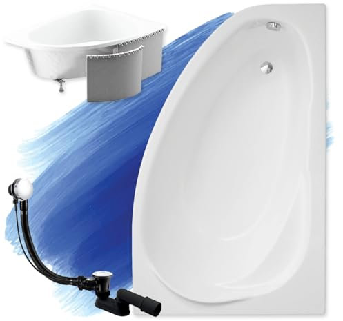 BADLAND Badewanne Original Weiß Acryl Wanne Eckbadewanne MAREA 160x100 Rechts KOMPLETTSET SET mit Premium Styroporverkleidung + Füßen und Exklusive Chrom Automatik Ablaufgarnitur Made in EU 4in1