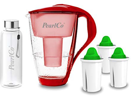 PearlCo - Glas-Wasserfilter (rot) mit 3 Alkaline classic Filterkartuschen + 1 Trinkflasche aus Glas