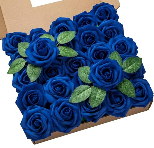 DuHouse 25 Rosas Artificiales Falsas con Tallos de Flores de Espuma de Tacto Real para el Ramo de Boda DIY Baby Shower arreglo de la Fiesta decoración del hogar (Azul Real)