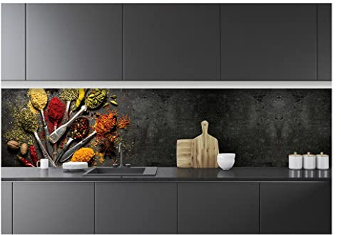 Fototapet kök tvättbara kryddor örter sked – 250 x 60 cm premium köksbaksida i ett stycke – inklusive lim modern kökstapet fototapeter fibertapet UV-resistent monteringsklara