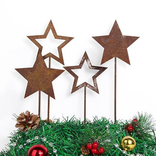 BOFUNX 4pcs Decorazione da Giardino in Metallo Arrugginito Decorazione da Giardino in Ruggine Natale Stella Arrugginita da Giardino Decorazioni Natalizie per Giardino Prato