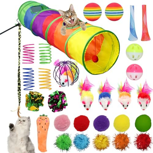 Obussgar Katzenspielzeug-Set, Lustiges interaktives Katzenspielzeug einschließlich Katze Stick, Faltbare Katze Tunnel, Catnip Karotte, Mäuse, Crinkle Bälle und Glocken