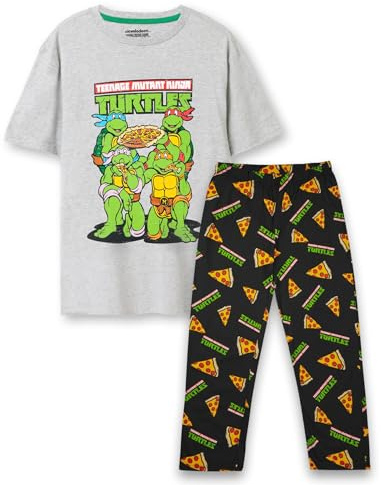 Teenage Mutant Ninja Turtles Mens Pyjama Set | Adults Grey Distressed Pizza Party Short Sleeve Graphic Tee & All Over Print Long Leg Bottoms PJs | TMNT Classic 90's Nostalgic Cartoon Merchandise Gift