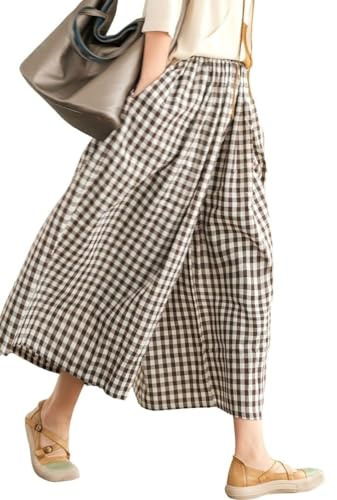 Leyoutx - Pantaloni da Donna in Cotone e Lino, a Gamba Larga, Modello a Palazzo Capri con Elastico in Vita e Fantasia a Quadretti, Marrone caffè., S