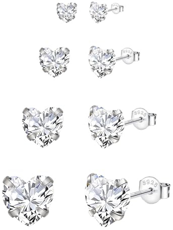 Hinvan 4 Paar 925 Sterling Silber Ohrringe Herz Ohrstecker Silber 925 Damen Set 3/4/5/6mm Hypoallergen Klein Herz Ohrringe Schläfer Knorpel Diamant für Damen Mädchen Frauen
