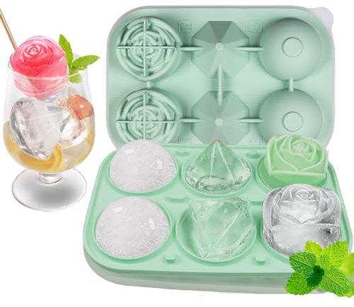 Locget Stampo per cubetti di ghiaccio in silicone con coperchio, grande cubetto di ghiaccio rotondo a forma di rosa e diamante, senza BPA, impilabile a prova di perdite, grandi cubetti di ghiaccio da
