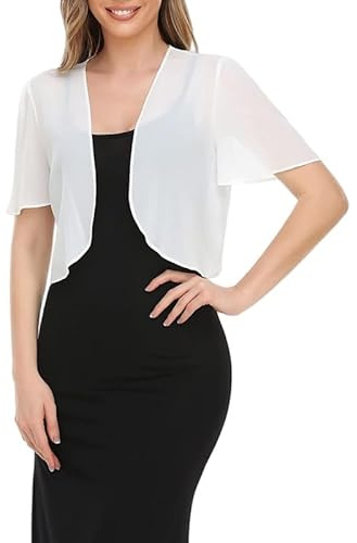 CuLtP Bolero Donna Coprispalle in Chiffon da Donna Bolero Corto Cardigan Velato Giacca Estiva Leggera A Maniche Corte Camicetta da Sposa Bolero Abiti da Sera Scialle Coprispalle Bianco S