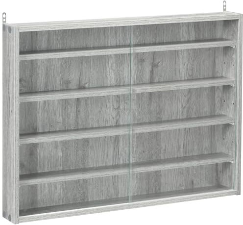 HOMCOM Sammlungsvitrine Hängevitrine 80 x 9,5 x 60 cm mit 4 höhenverstellbaren Regalböden und 2 Glasschiebetüren, für die Sammlung von Figuren und Modellautos, grau