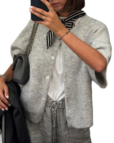 Acrawnni Women Y2k Crop Knit Cardigan Button Down Short Sleeve Ribbed Knitted Crop Top Sweater Knit Tops Outwear Streewear (A-Gray, M)