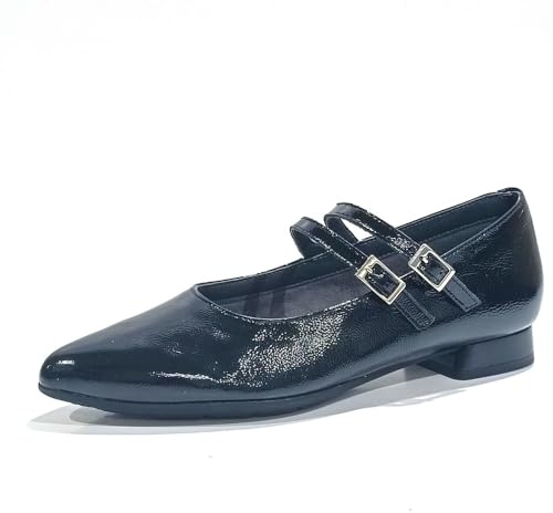 PITILLOS - Manoletina de tacón bajo,Cierre de Hebilla,de Piel,Puntera Fina,Zapato,Mercedita, con Brillo, para: Mujer Color: Negro Talla:38
