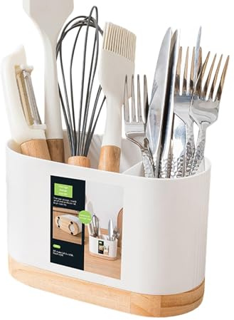 Generic Scolaposate per Bacchette, Portabacchette, Scaffale Portaposate 2 Slot, Portautensili da Cucina, Bianco, PP e Legno di Pino