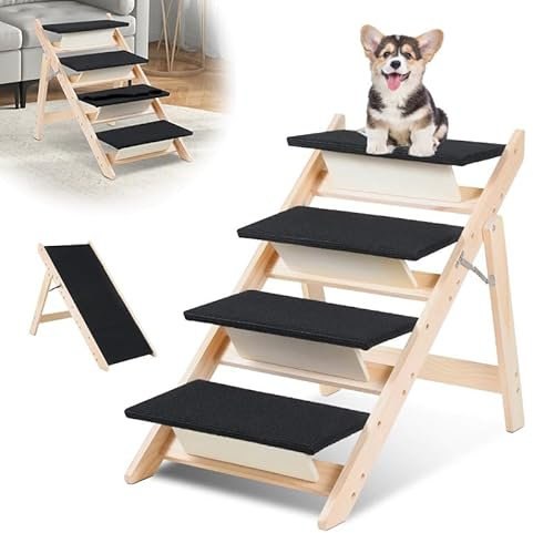 Vigevee Hundetreppe 2 in 1 Hunderampe, Klappbare Haustiertreppe 65,5cm Hoch, 4-Stufig Faltbare Katzentreppe, Maximale Belastung 80kg, Tiertreppe mit Rutschfester Trittmatte für Hunde und Katzen