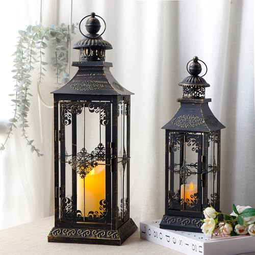 TRIROCKS Set of 2 Decorative Lanterns 21.5'' & 16 H Vintage Hanging Tower Lantern Metal Candle Holder with Tempered Glass for Indoor Outdoor Home Decor Parties Garden Wedding Patio