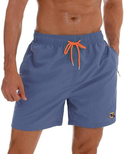 JustSun Baddräkt för män med fickor med dragkedja surfing vattentät snabbtorkande med nätfoder, Denim blå, XL