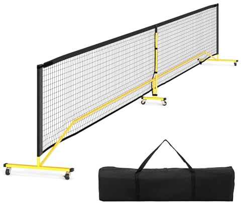 GYMAX Red de Pickleball Portátil 6,75 M, Red de Pickleball Regulatorio con Bolsa de Transporte, Sistema de Red de Pickleball con Red PE sin Nudos de 18 Hilos, Base Metálica para Exterior