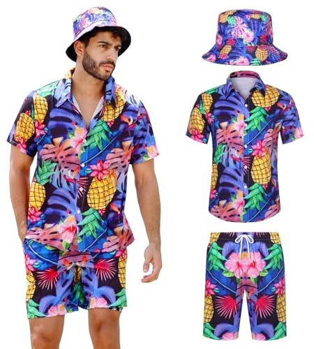 Joyesplay Hawaiian Shirt and Shorts Set for Men 3 Pcs,Funny Men's Beach Flamingo Print Shirts Set with Hat for Tropical Beach Holiday Shirts