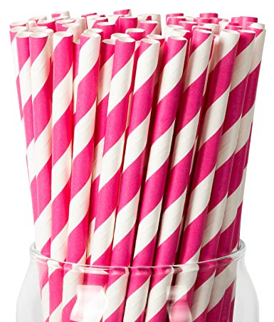 Paquete de 100 Pajitas de Papel Biodegradables - 6x197mm, Perfectas para Fiestas, Cumpleaños, Bodas, Batidos y Cócteles (Rosa brillante)