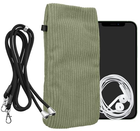 kwmobile Mobilfodral för smartphones XL – 6,7/6,8 tum – mobiltelefonfodral i cord, grågrön med snodd – fodral med mobilkedja, 16,7 x 9,5 cm innermått