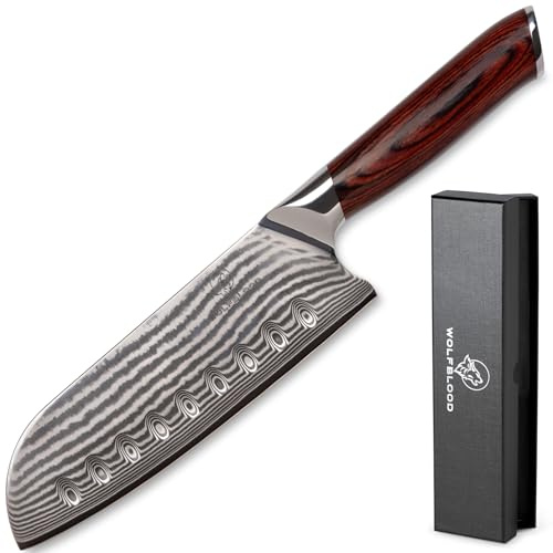 Wolfblood Damastmesser XL 30 cm Santokumesser | Echter 67 Lagen Damaststahl | 62±2 HRC TÜV-geprüfter, optimierter VG-10 Stahl | Damast Küchenmesser 30 cm mit 18 cm Klinge, Klingenschutz & Geschenkbox