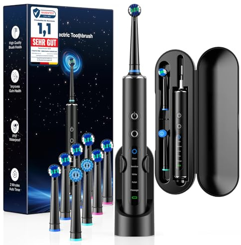 Cepillo de dientes eléctrico rotatorio con cabezal redondo, 3 intensidades y 5 modos, cepillo eléctrico con 8 cabezales, temporizador 2 minutos, IPX7, batería hasta 120 días, estuche de viaje
