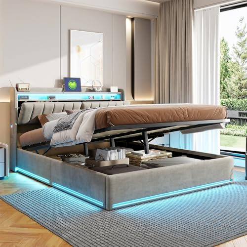 BestAlice Letto imbottito 140 x 190 cm, con stazione di ricarica e LED, letto per ragazzi, letto matrimoniale, testiera e scaffali aperti a due piani, letto idraulico, struttura del letto con rete a