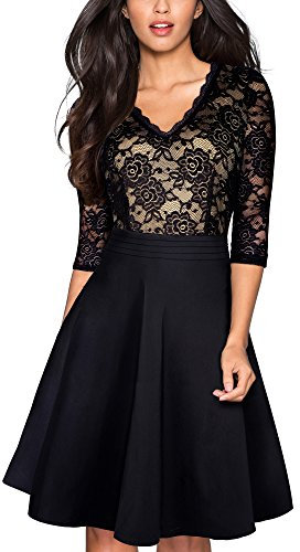 HOMEYEE Damen Vintage 3/4 Ärmel Floral Spitze Gestickte Cocktail Ausgestelltes Kleid A062(EU 42 = Size XL,Schwarz)