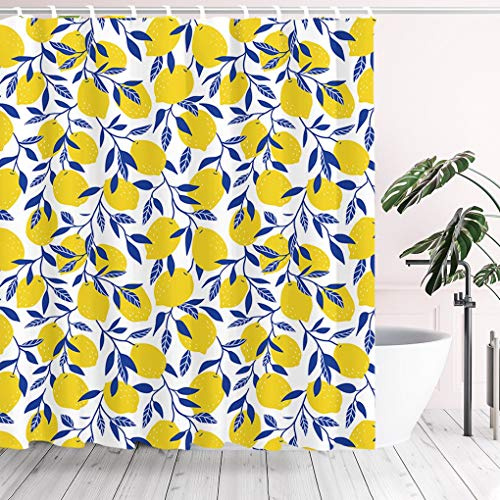 Tititex Duschvorhang-Set, gelbe Zitrone, blaue Blätter, weißer Hintergrund, 180,3 x 198,1 cm, wasserdichter Polyester-Stoffvorhang