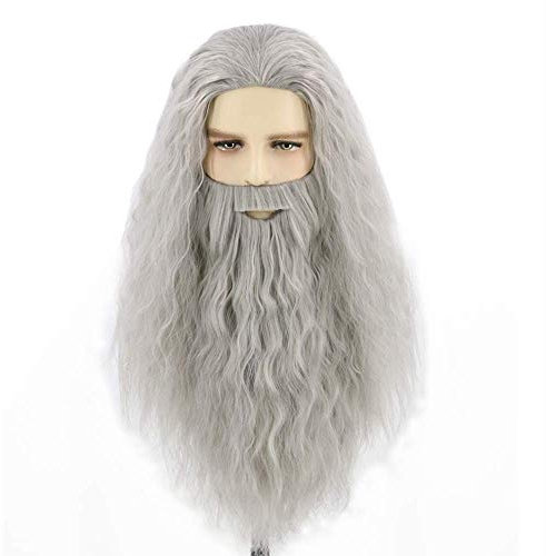 Topcosplay Perücke und Bart Set Herren Zauberer Magier Perücke Grau/Weiß Halloween Fasching Karneval Perücke (Grau)