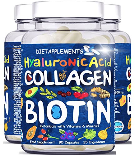 Marine Collagen Type1&3 1800mg, Biotin 10000mcg/serving, Hyaluronic Acid, Vitamins, Minerals, Botanicals | 2432mg/serving | Hydrolysed High Strength Peptides Supplement | Skin, Hair, Nails, Joints