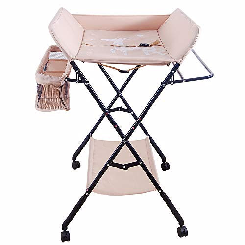Klappbarer Wickeltisch, Tragbarer Wickelkommode, Wickelauflage mit Sicherheitsgurt, Wickelkombination, Platzsparend, Höhenverstellbar, Beige-schwarz, 66×80×(92-98) cm mit Rollen