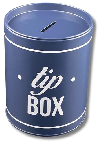 Spardose - Tip Box - Runde Eindrückdeckeldose mit Sparschlitz aus elektrolytischem Weißblech - schwer und standfest - Bedruckung: weiß - Ø 10,1 x 12,7cm
