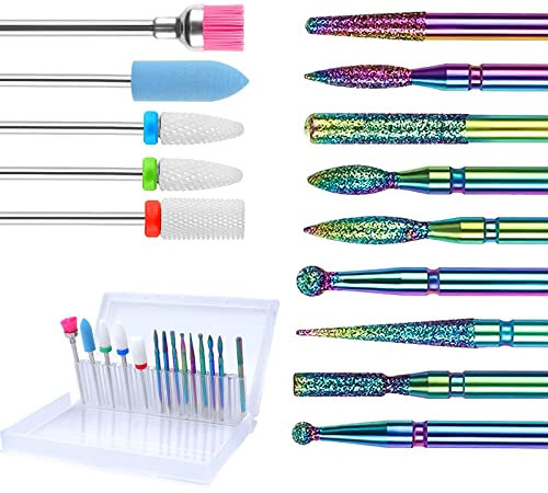 JSRQT 14 Piezas Broca Manicura Broca Unhas para AcríLico Quitar Gel Cutícula Brocas Torno Uñas Profesional Brocas de Cerámica para Uñas para Pedicura Salón Lima de Uñas Eléctrica Taladro de Uñas Set
