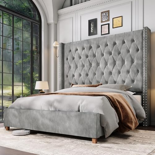 Jocisland King Size Bed Frame 61.4 Extra Tall Wingback Headboard Velvet Upholstered Deep Button Tufted Platform Bed with Solid Wood Legs & Wood Slats, No Box Spring Needed, Gray