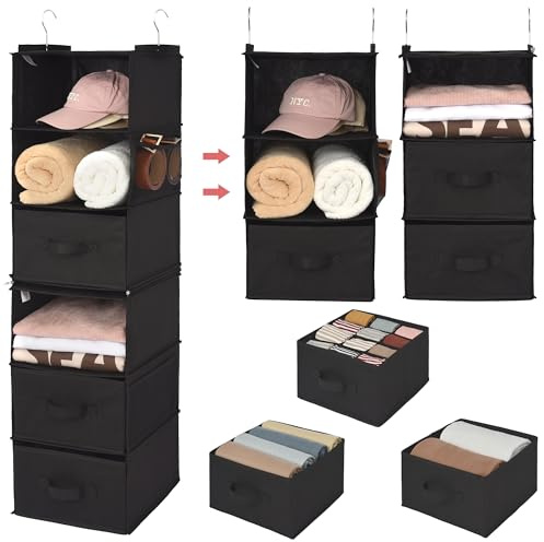GRANNY SAYS Hängande arrangör med 6 hyllor, separerbar till 2-pack, 3-hyllor, hängande hyllor, hängande lådor för garderob, svart hängande förvaringsorganisatör för kläder, garderob, prydlig hängande