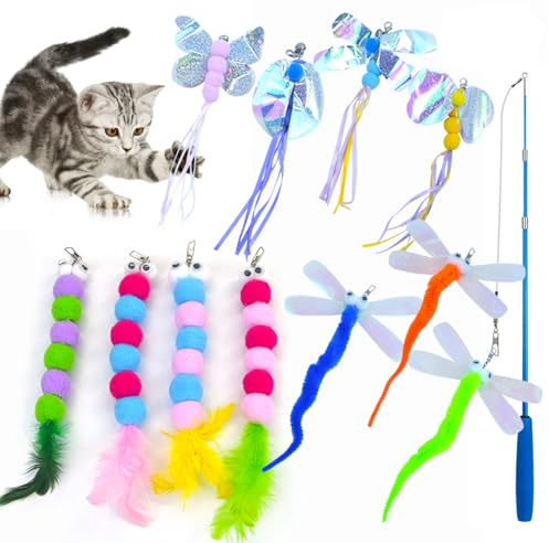 Teksome Interaktiv kattleksak set | fjärilar larv trollslända interaktiv rolig träningsleksak set, interaktiv kattunge leksaker katt fiskespö leksak för marsvin ekorre