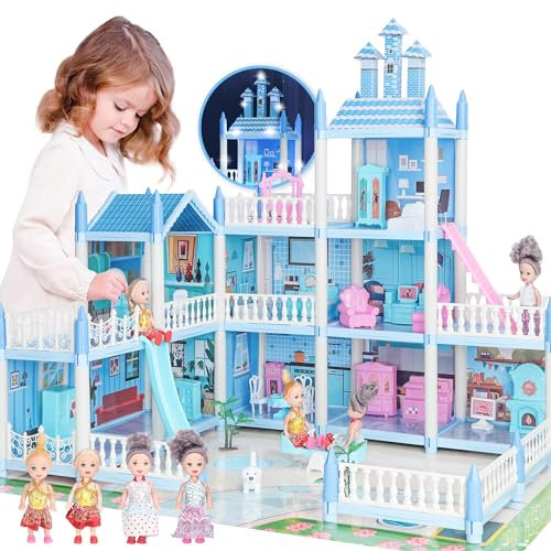 Grande maison de poupée 3 étages, 9 pièces, 4 toboggans, escaliers, accessoires de meubles, tapis de jeu, cadeau d'anniversaire pour tout-petits de 3 à 7 ans